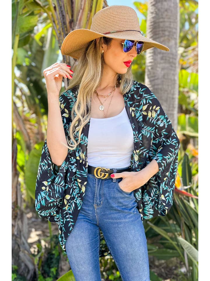 Schwarz Multi Schwarzer Chiffon-Kimono-Überzug mit mehrblättrigem Aufdruck für den Großhandel auf Faire1