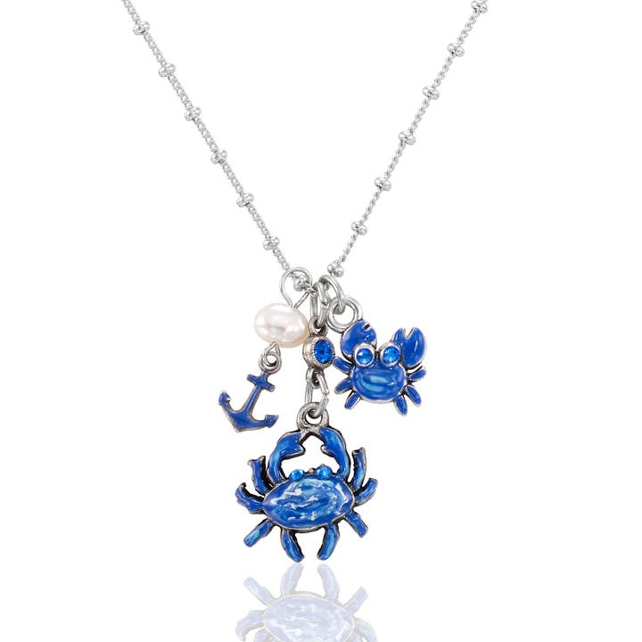 Ocean Coast Sparkling Blue Crab Pearl Crystal Charm Necklace for wholesale by Anne Koplik Designs, Inc.