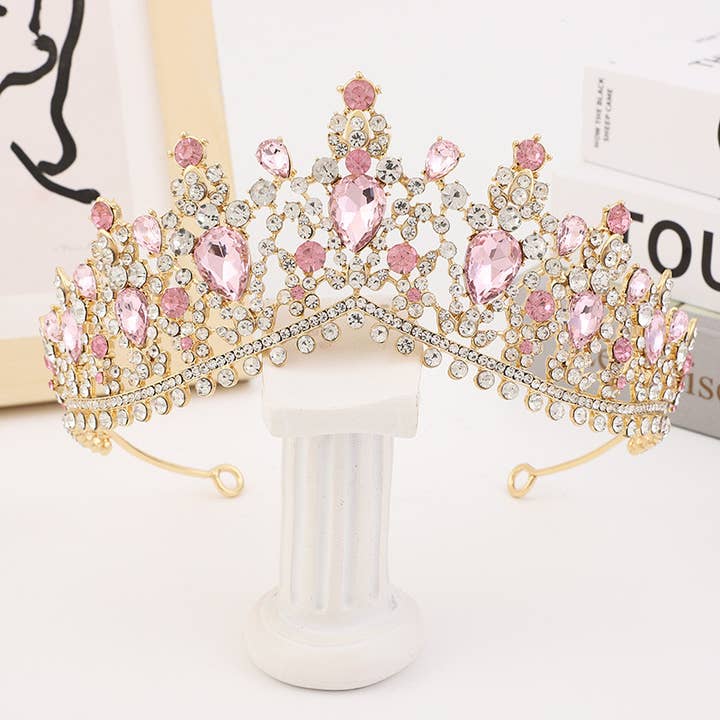 Happy Dream Gifts – Großhandel Tiara – Damen – Goldkronen-Kopfschmuck, rosafarbener Kristall-Strass-Haarschmuck