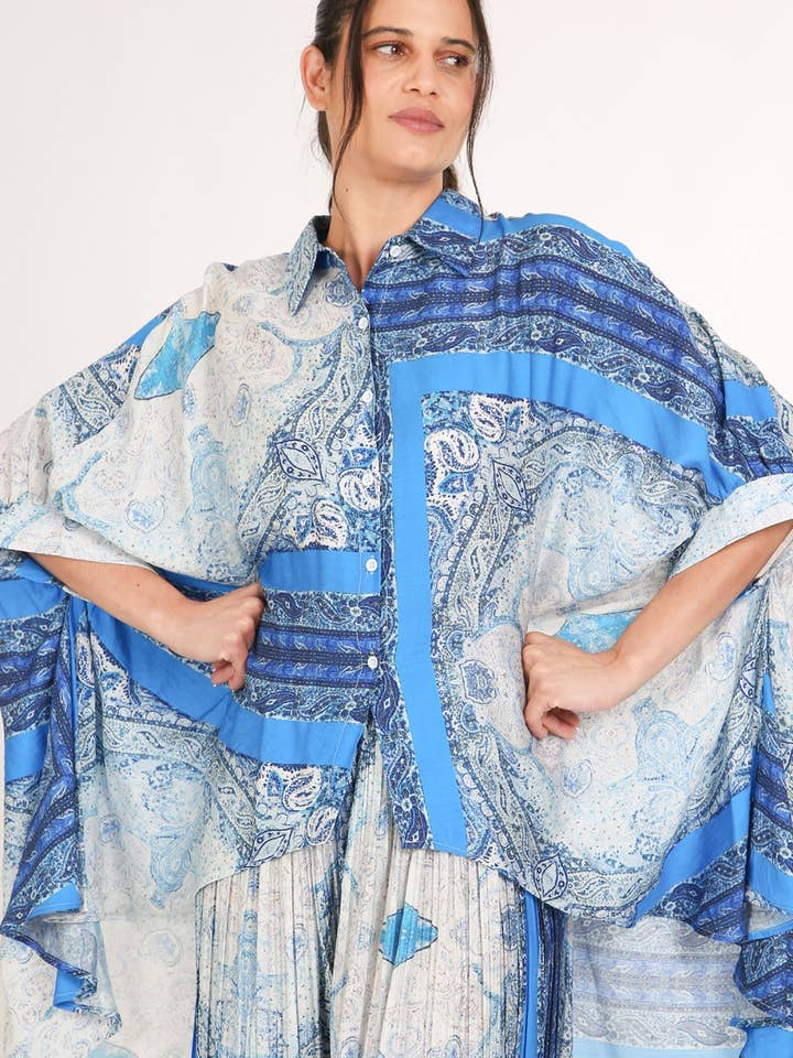 Multi-Boho Print Hi-Low Tunic & Pleated Pants Set QC6127 for wholesale by Beulah Style