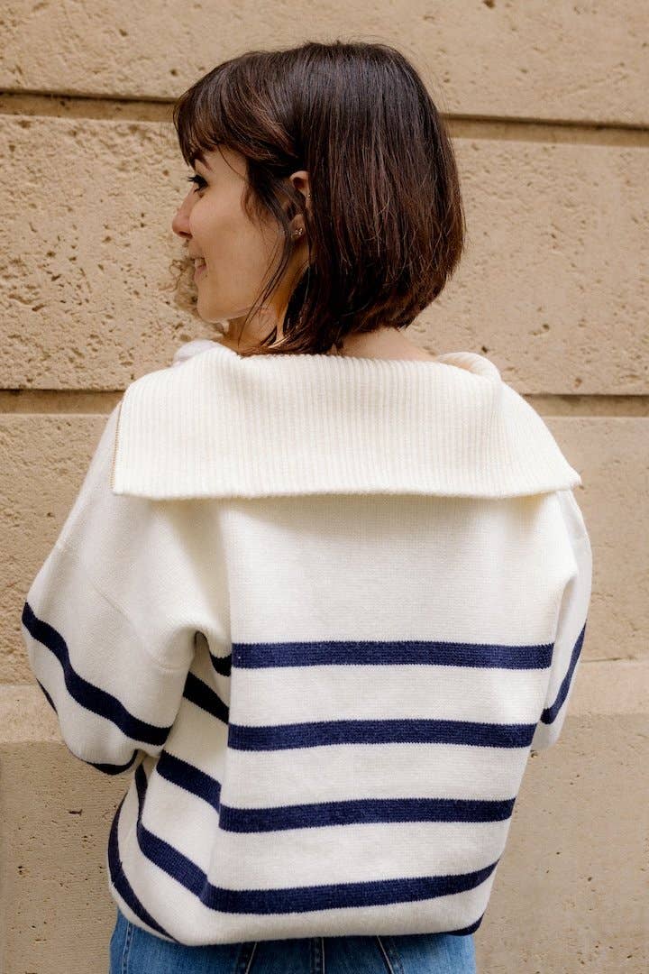 Breton shirt Mèrinière nursing sweater with trucker collar for wholesale on Faire2