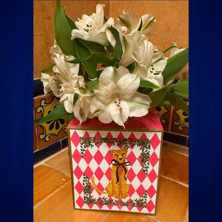 TOPICS IN THE TROPICS - Wholesale Tissue Box - Paper Mache Kleenex Box with leopard w/ blk bow and flowers3