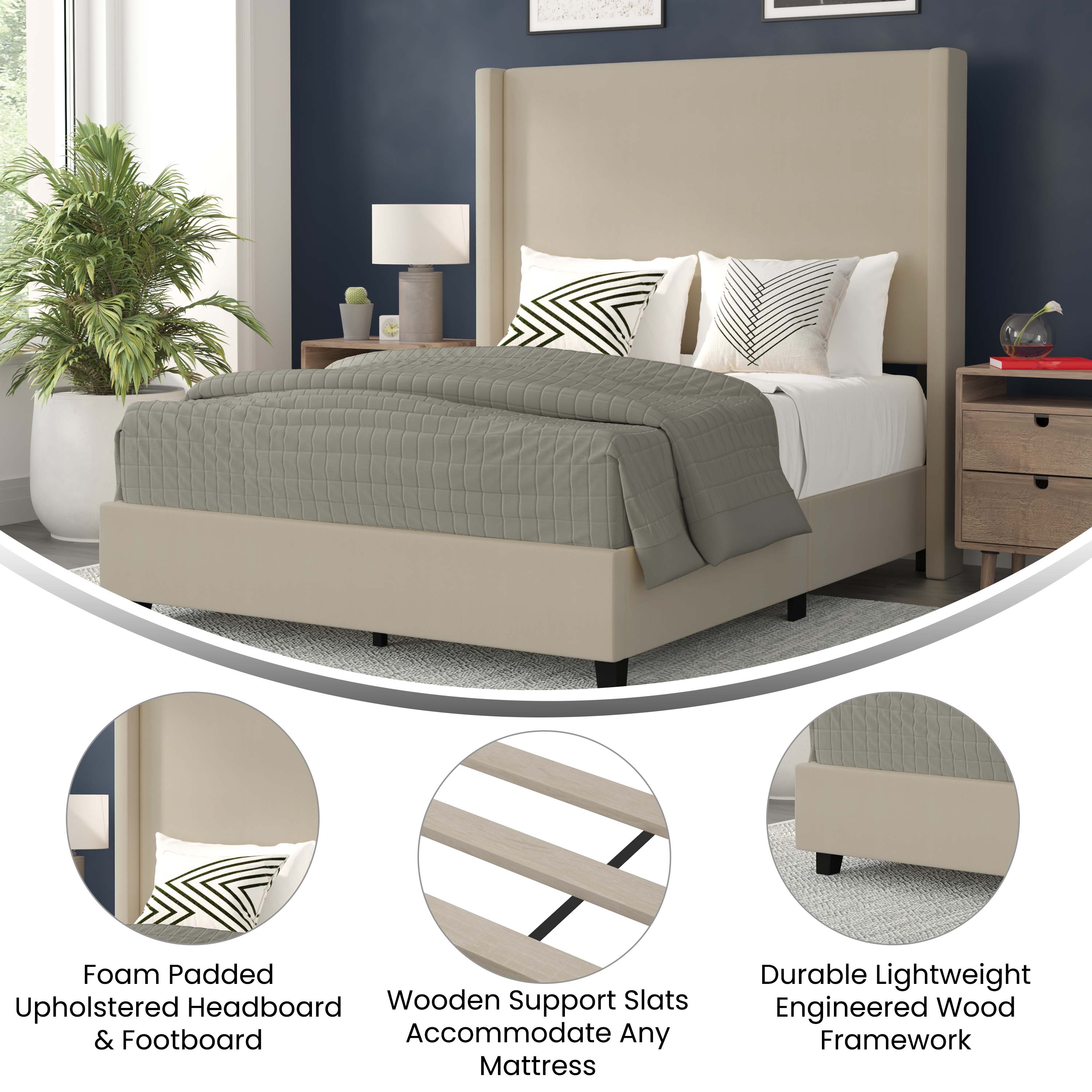 Beige Queen Platform Bed with Tufted Headboard for wholesale on Faire3