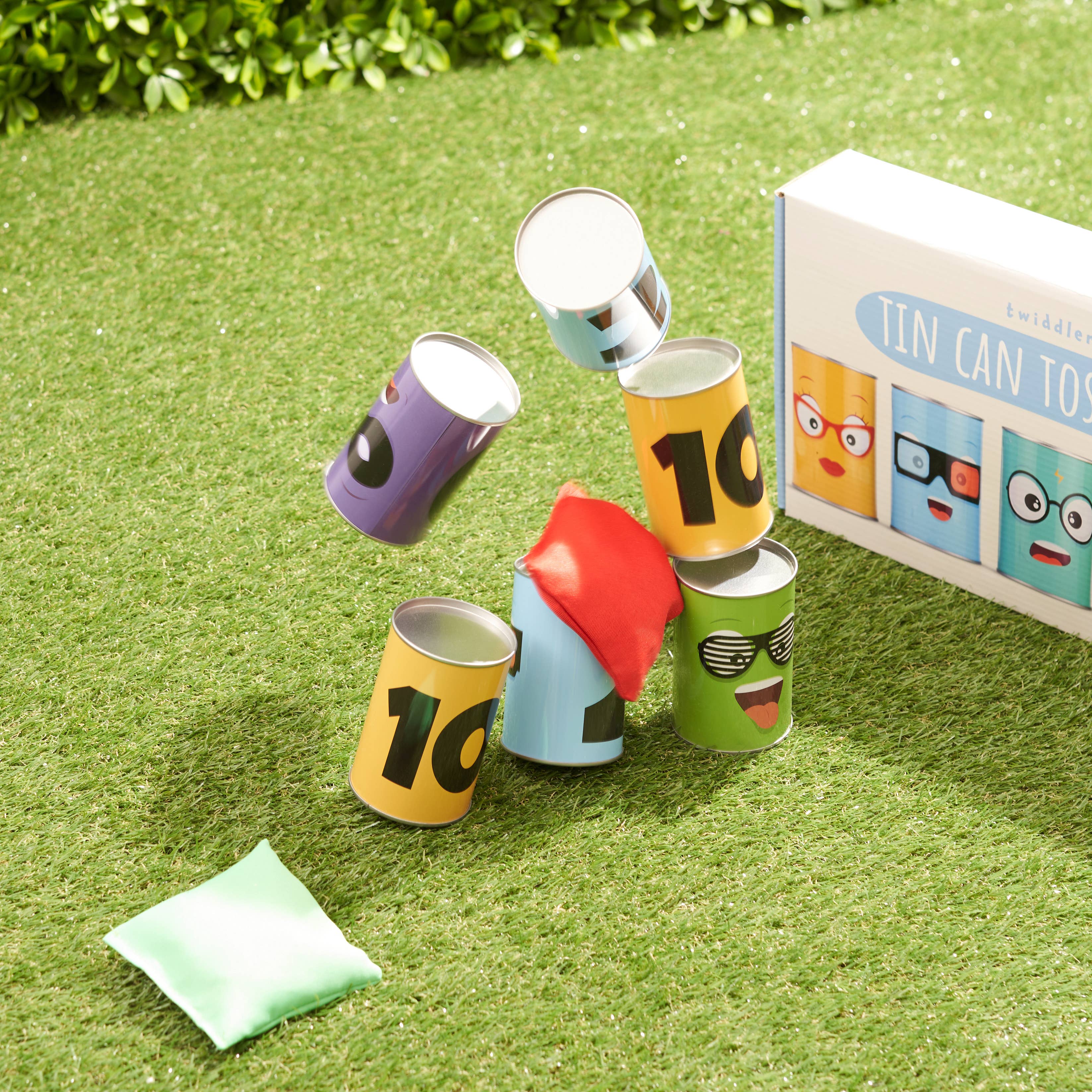 The Twiddlers - Vente Jeu d'empilement - Jeu de lancer de fête Tin Can Alley - 10 boîtes en métal et 3 poufs1