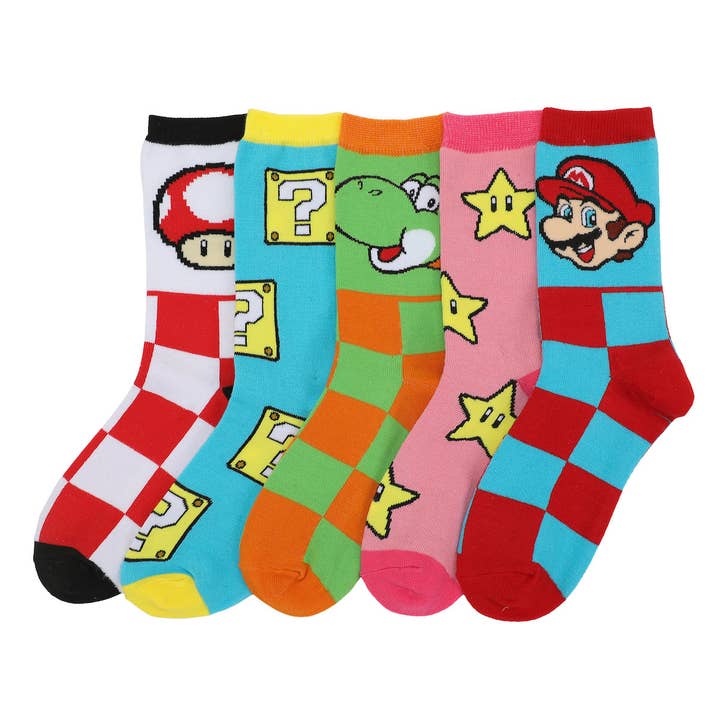 Super Mario Bros. Adult Crew Socks 5-Pack for wholesale by Bioworld Merchandising