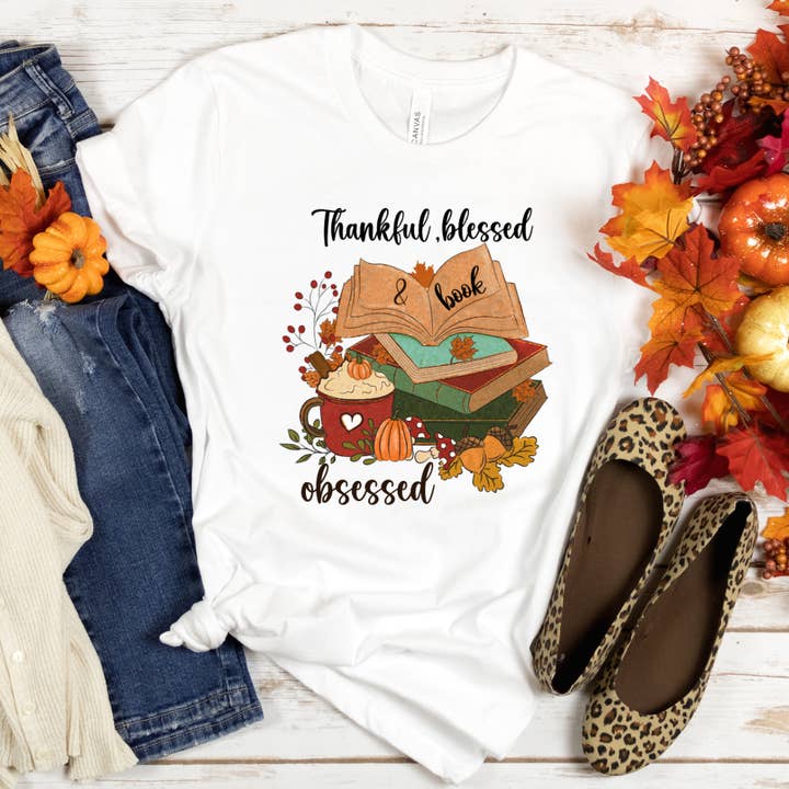 Thankful Blessed Book Obsessed Fall Tee for wholesale by Londas Trendy Tees