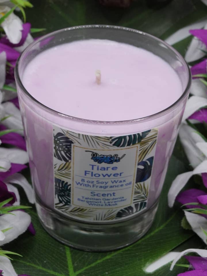 Pot en verre à mèche de coton à la cire de soja Tiare Flower pour la vente par Ohanale