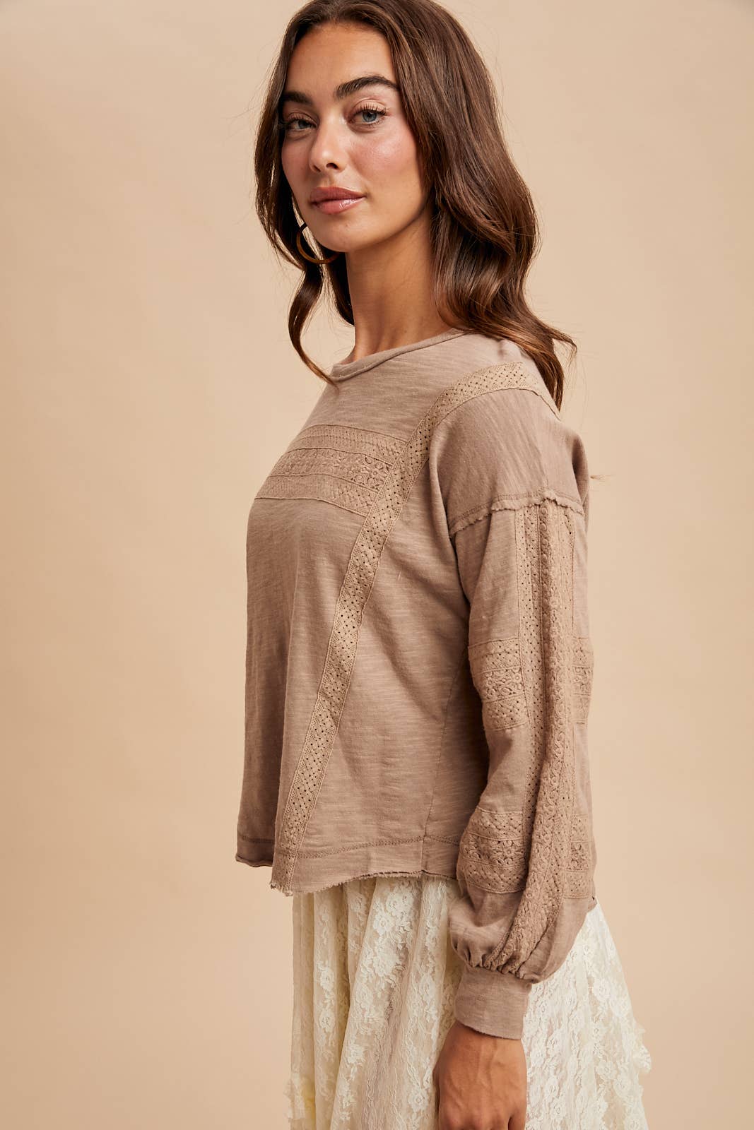 In Loom - Wholesale Blouse - Women's - GARMENT WASHED LACE INSET LONG SLEEVE TOP6