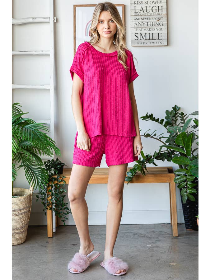 7th Ray - Wholesale Loungeset - Dames - Effen Getextureerde Korte Mouw Top en Korte Lounge Set TP54999