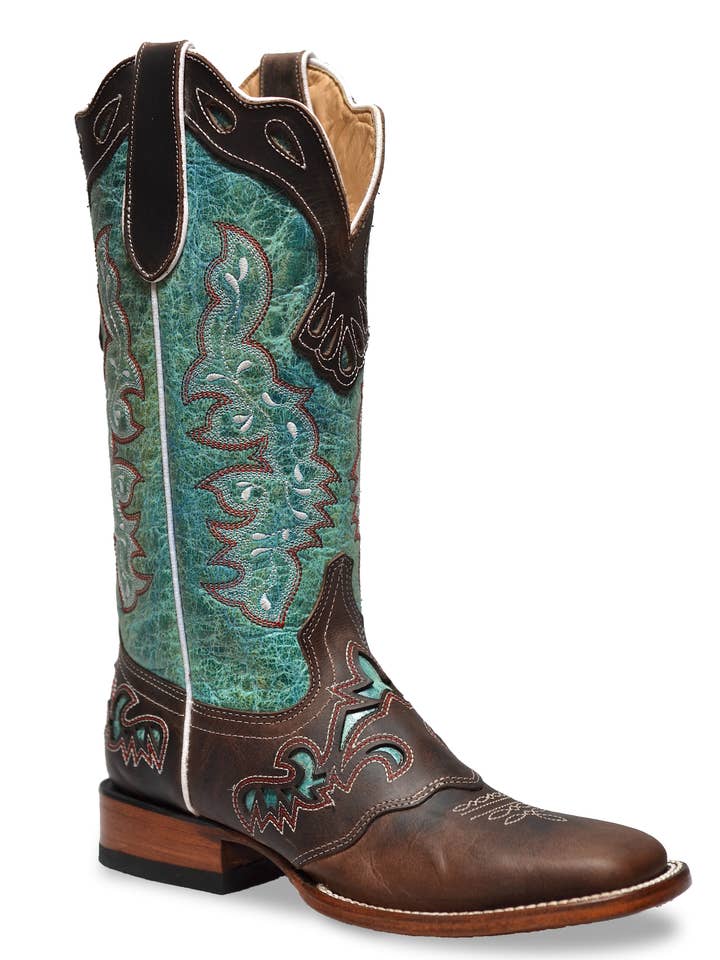 VERDE Bota de cowboy feminina RedHawk Boot Co. em couro verde com bico quadrado largo, bordados e recortes a laser para venda a revendedores na Faire4