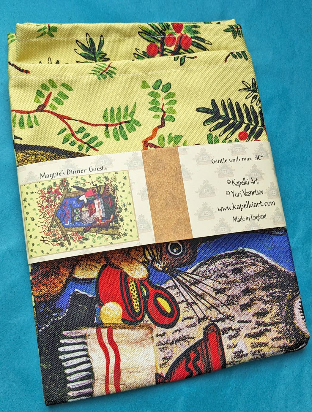 Kapelki Art - Wholesale Tea Towel - Magpie Dinner Guests organic cotton kitchen towel2