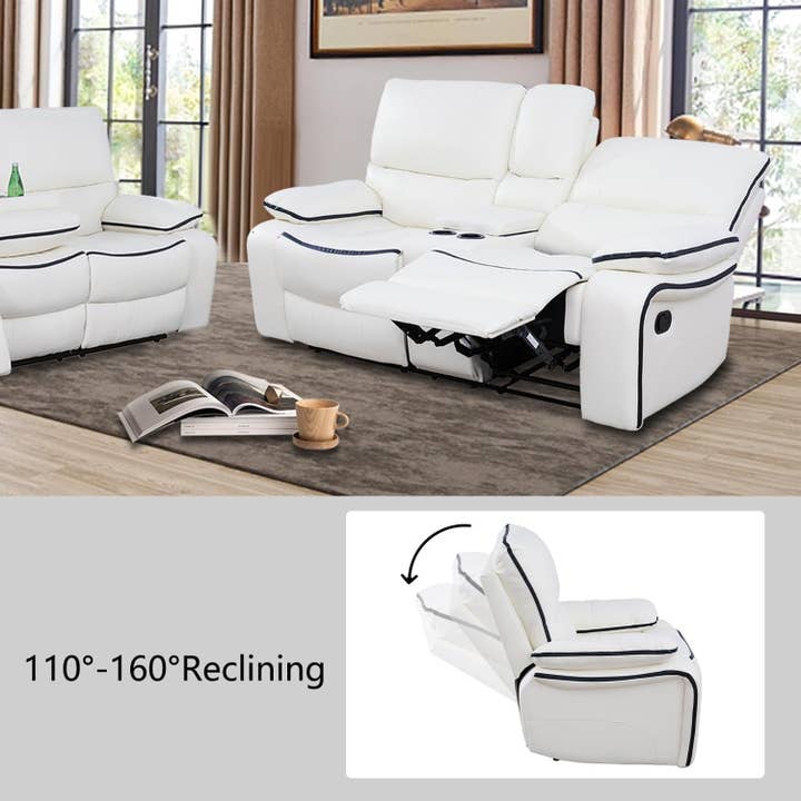 Creamy White Leather Recliner Sofa Set With Storage Console for wholesale on Faire6