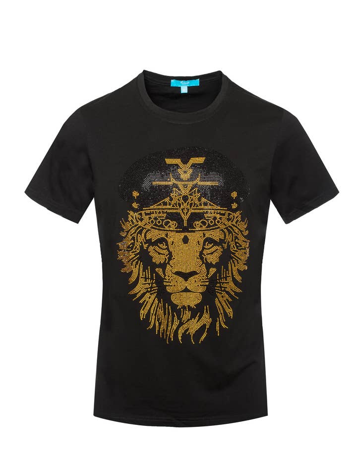 1051 Black T-Shirt with Gold Crystal Lion for wholesale by Perruzo