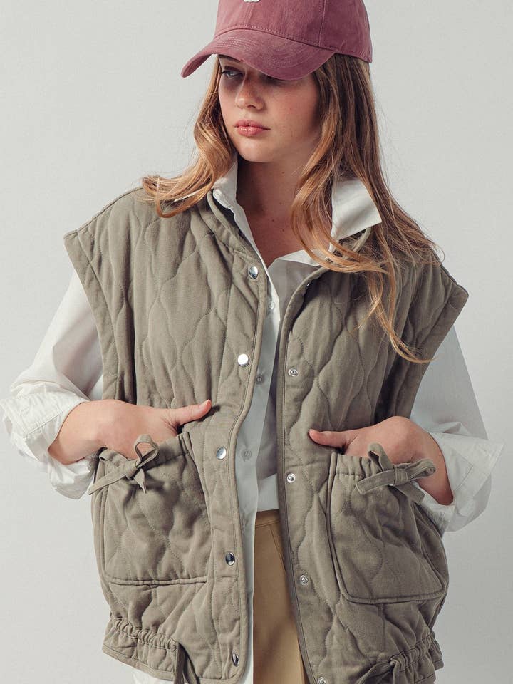Vintage Washed Quilted Padded Snap Button Vest for wholesale by Fashion Week
