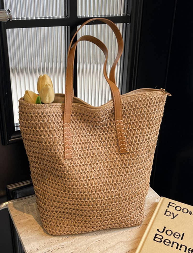 EmberLoom - Wholesale Beach Bag - Woven Straw Tote with Leather Handles7