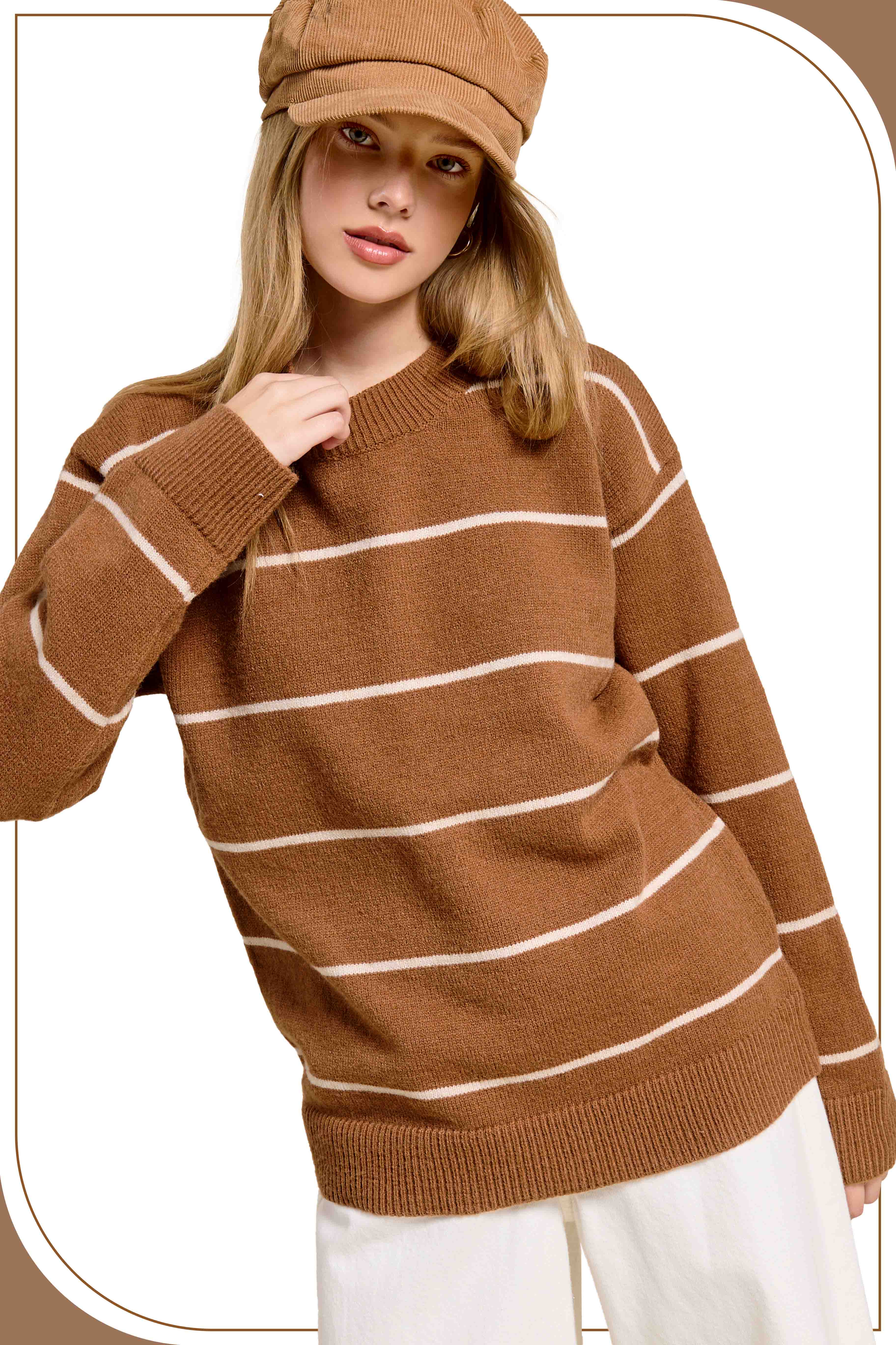 La Miel - Wholesale Knit Sweater - Women's - HCS3553-Loose Fit Stripe Long Sleeve Crewneck Sweater2