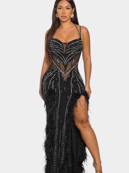 BDS44663 Vestido Maxi com Apliques de Strass e Plumas na Bainha por atacado de BANJUL