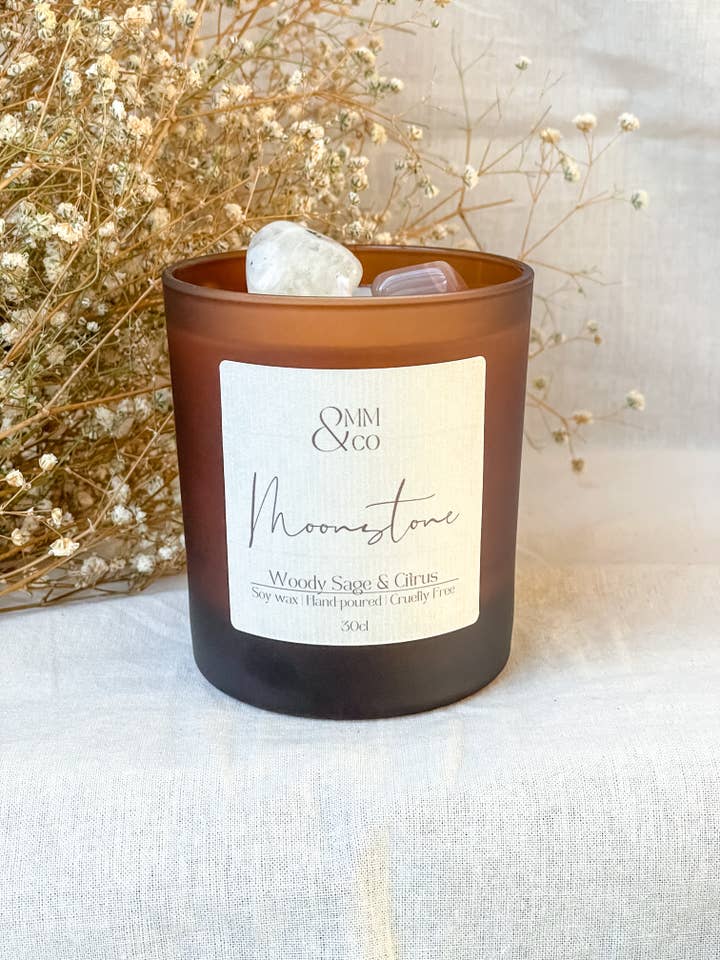 Moonstone Luxe Crystal Candle|Woody Sage & Citrus for wholesale by Omm & Co