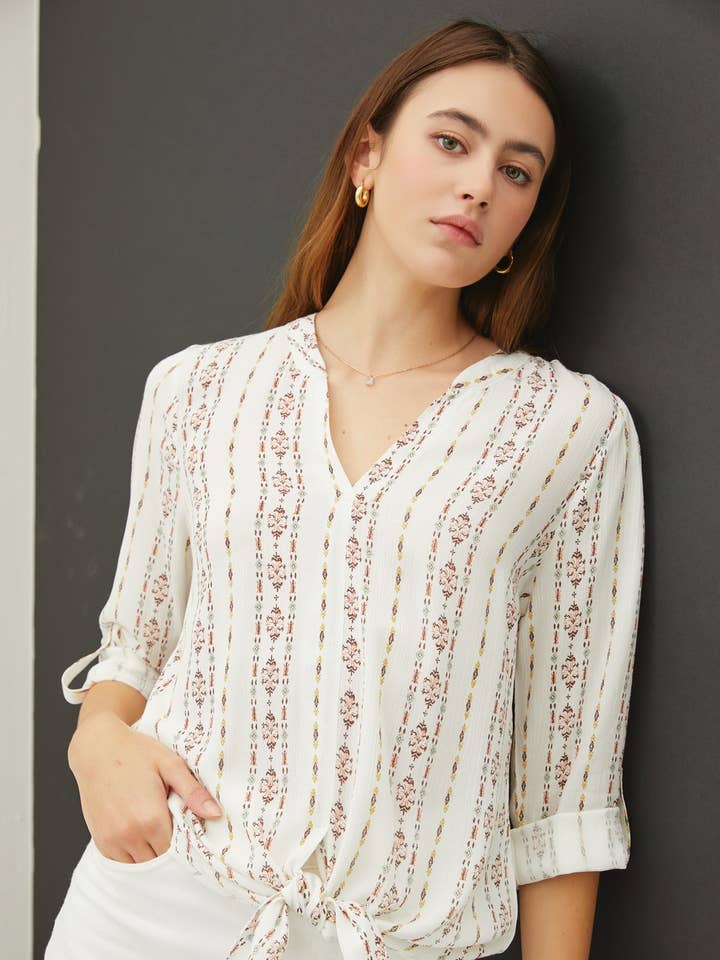 Be Cool - Wholesale Blouse - Women's - PRINT V-NECK MANDARIN COLLAR SHIRT