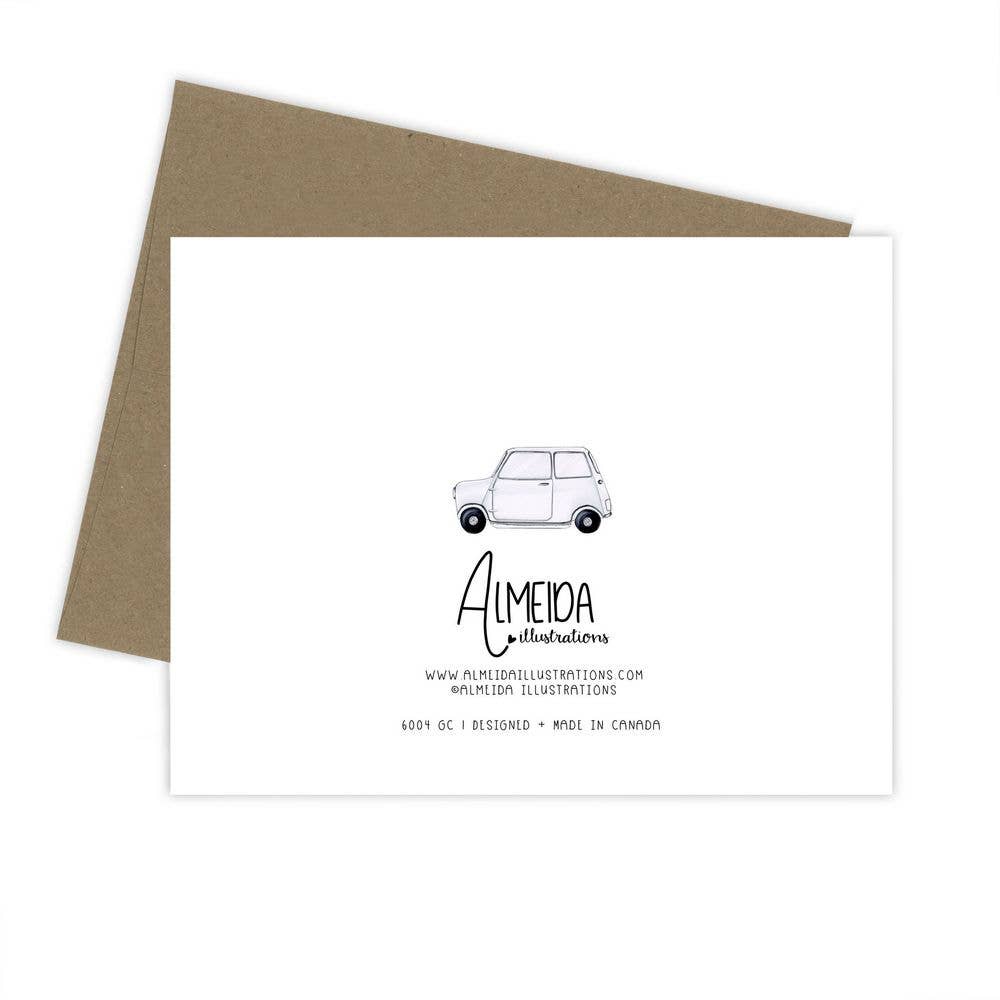 Almeida Illustrations - Vente Cartes de Noël - Mini Cooper + Tree - Carte de vœux pour les fêtes de Noël1