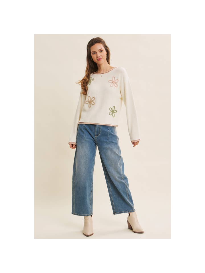 in february - Wholesale Knit Sweater - Women's - EFFORTLESS COMFORT CONTRAST FLORAL APPLIQUE SOFT SWEATER38