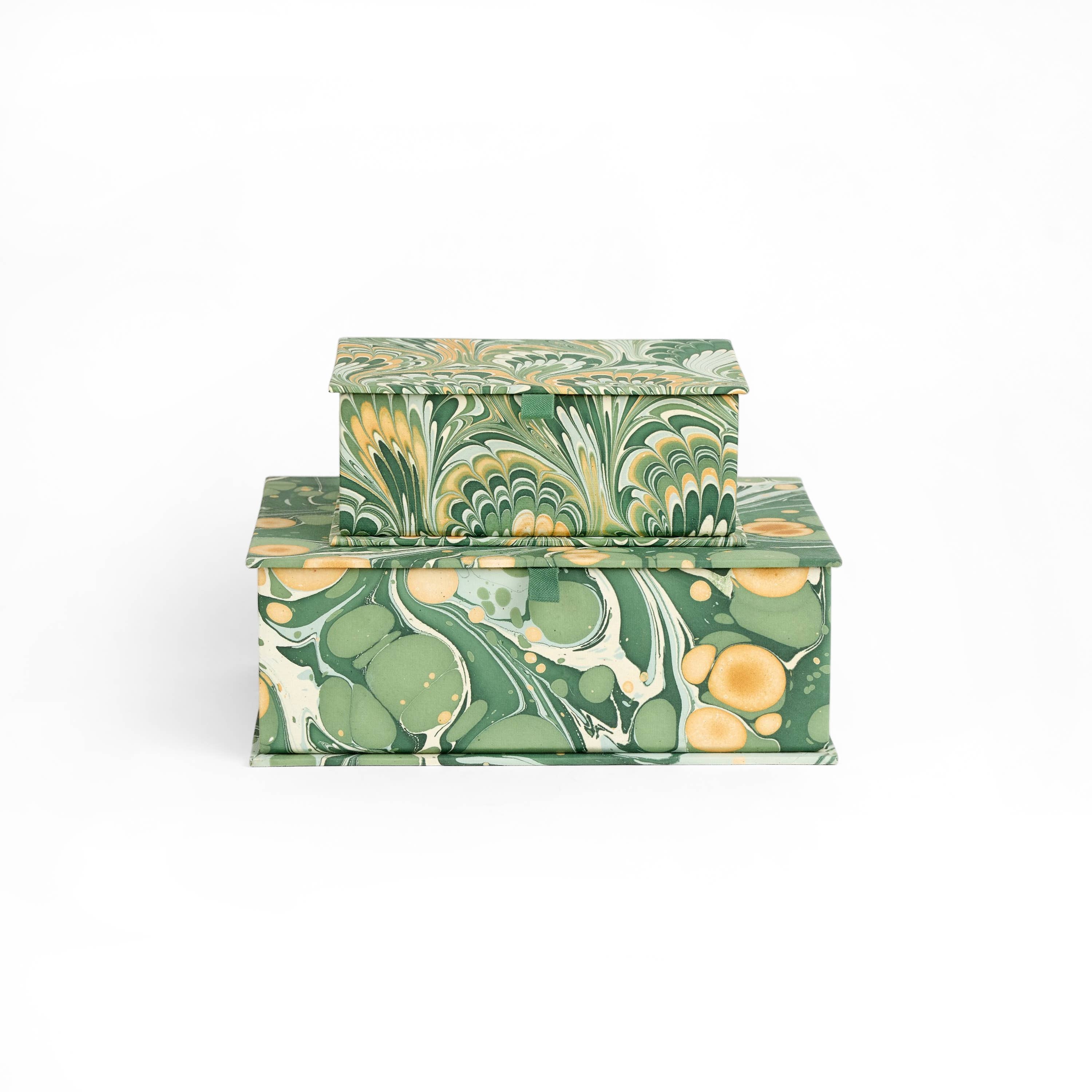 Craft Boat - Wholesale Decorative Box - MARBLED KEEPSAKE BOX SET - GREEN GOLDEN PEACOCK AND PEBBLE0