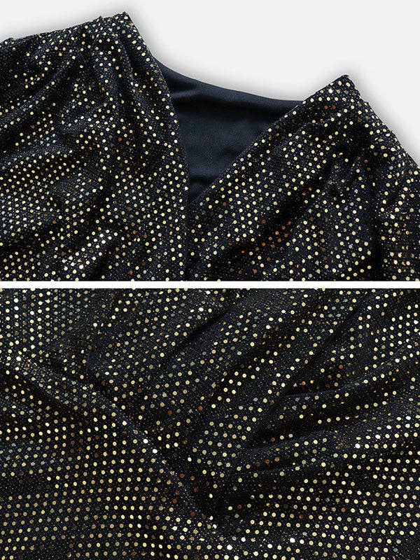 BLACK Long Sleeves Skinny Sequined Split-Joint V-Neck Evening Dresses Mini Dresses for wholesale on Faire6