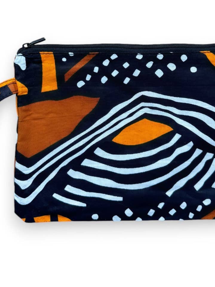 African print Makeup pouch / Pencil case / Cosmetic Bag / Coin Purse - Brown / orange Bogolan for wholesale by AfricanFabs