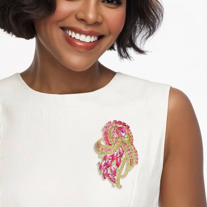 AKA Brilliant Looped Ribbon Pink Green Brooch Pin for wholesale by PinktownUSA