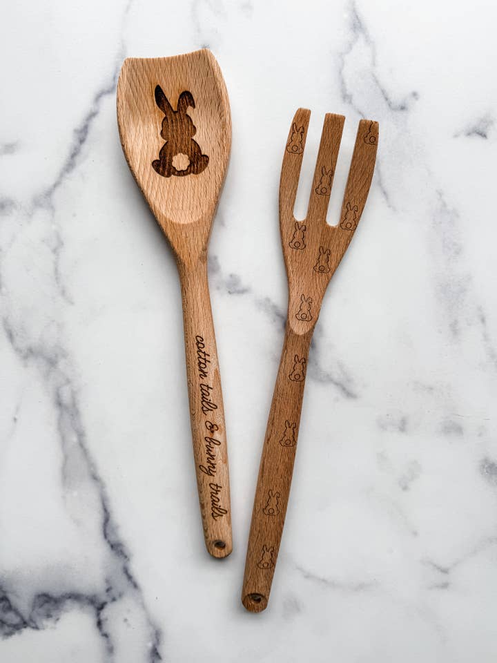 "Cotton Tails & Bunny Trails" Wooden Utensil Set for wholesale by Wood & Ash