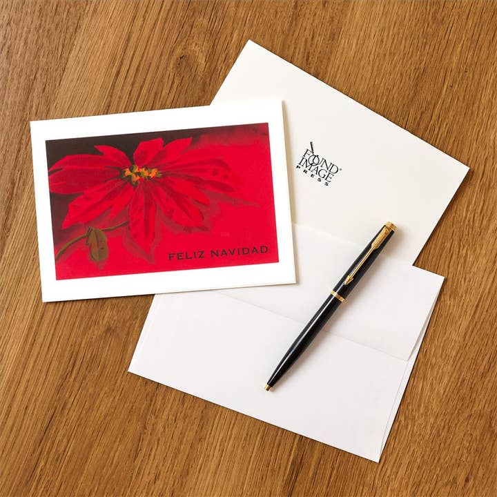 Found Image Press - Wholesale Stationery/Notecard Set - Greeting Card MC-503 Feliz Navidad, Poinsettia1