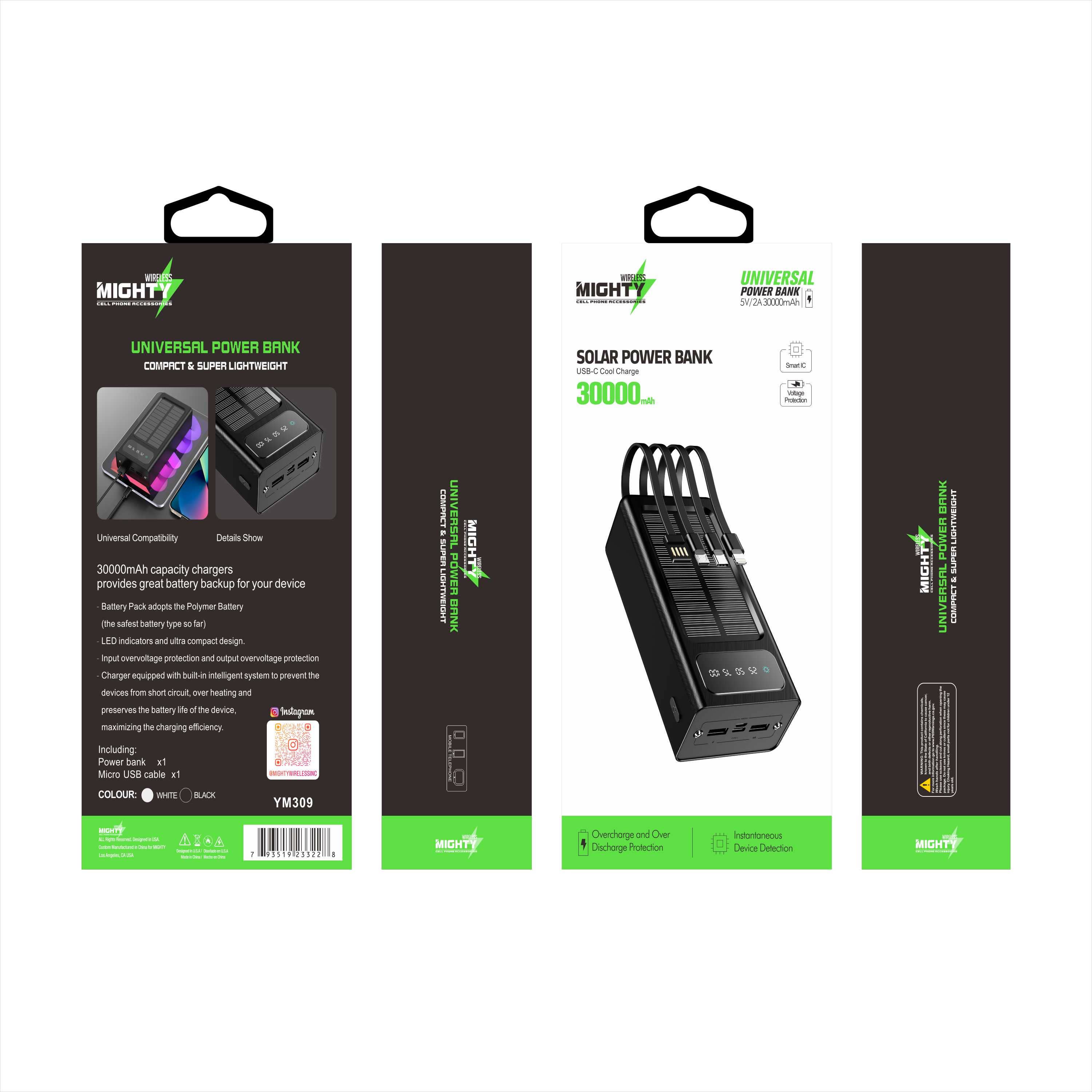 Mighty Wireless - Wholesale Portable Charger - Mighty 30,000mAh Solar Power Bank with 4 Cables Black YM3093