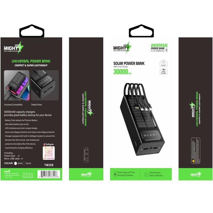 Mighty Wireless - Wholesale Portable Charger - Mighty 30,000mAh Solar Power Bank with 4 Cables Black YM3093