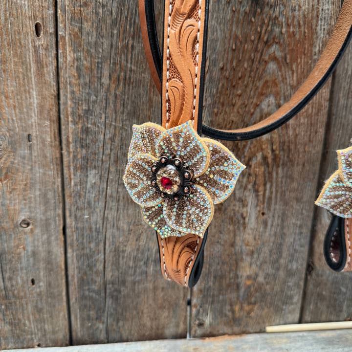 Rodeo Drive - Wholesale Horseback Riding Gear - Light Oil Floral Tooled Ruby and Champagne Browband & Breastcollar Tack Set #BBBC4614
