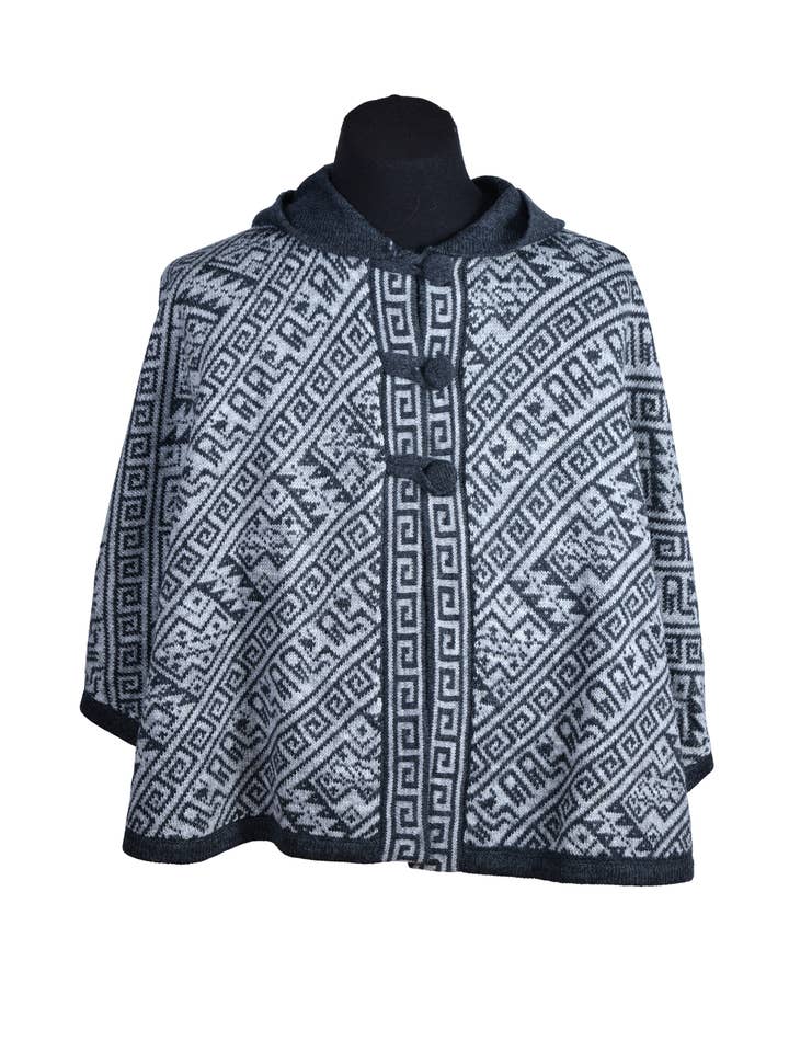 Sanyork Fair Trade - Wholesale Cape - Women's - One Size Hooded Cape Cloak 100% Alpaca Knit Geometric Two