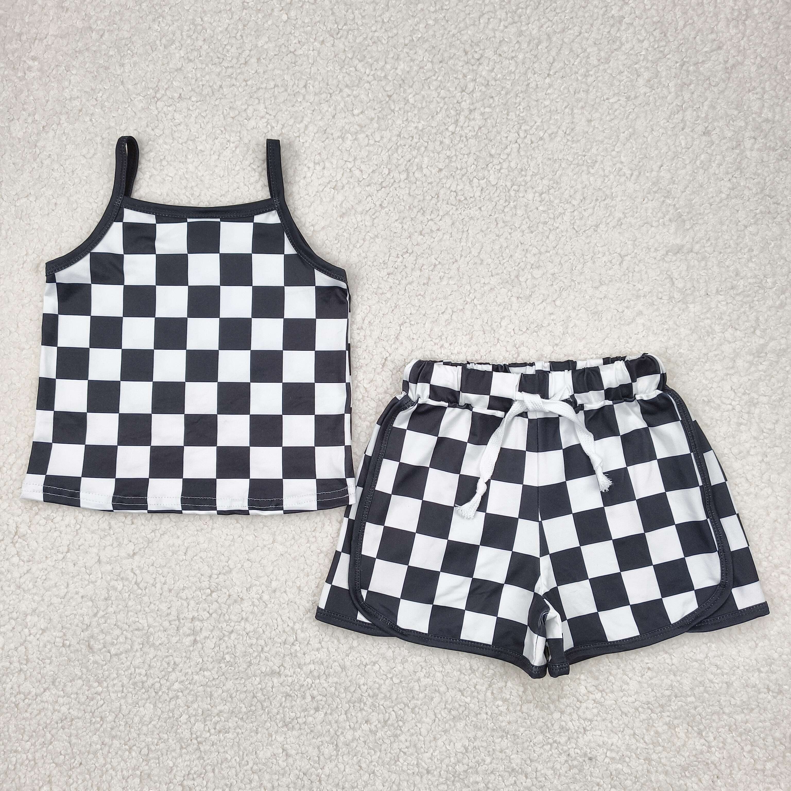 Aier Wholesale - Wholesale Top & Short Set - Kids - Sibling Baby Girls Strap Plaid Top Short Sports Sets0