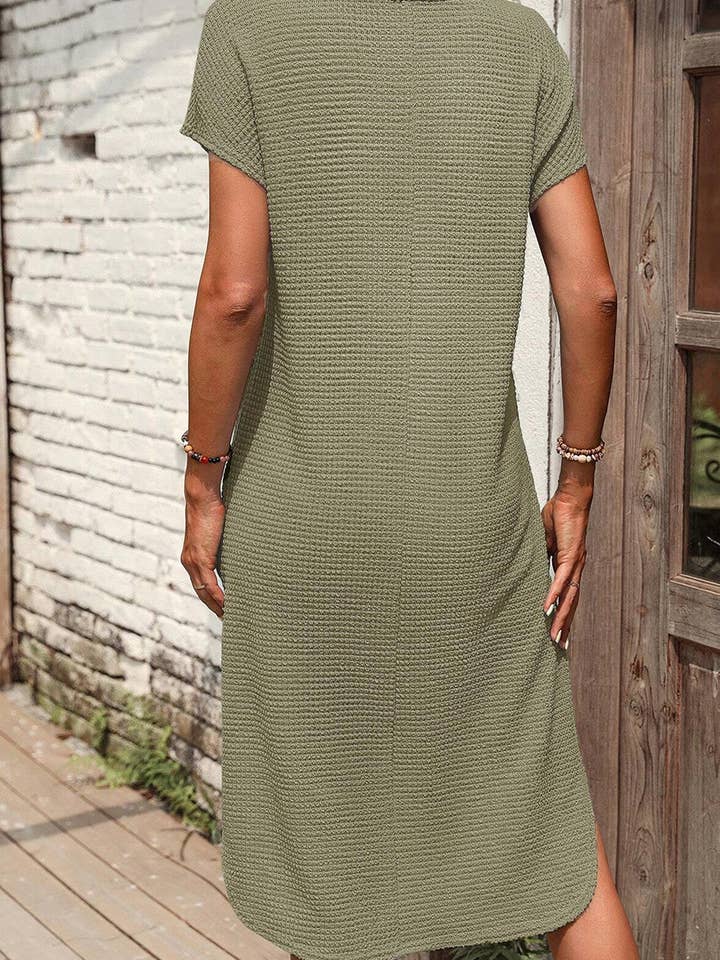 Green Waffle Texture Curved Hem Side Slit T-shirt Dress for wholesale on Faire