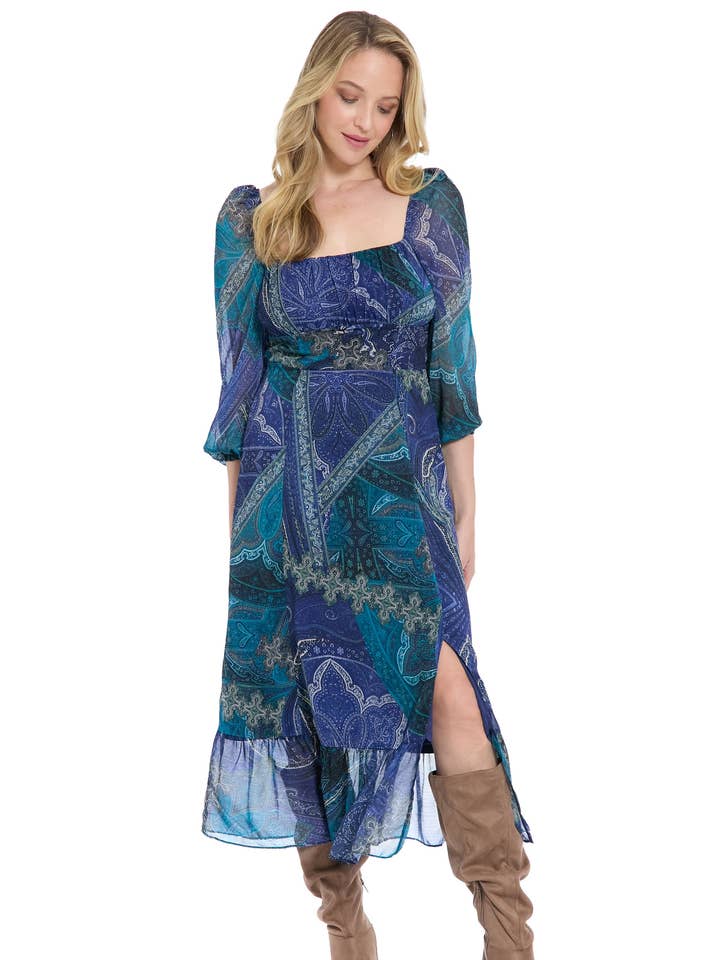 ROBE MIDI À MANCHES BISHOP FRONCÉES AVEC DOS SMOCKÉ ET TAILLE EMPIRE pour la vente par Maggy London Group