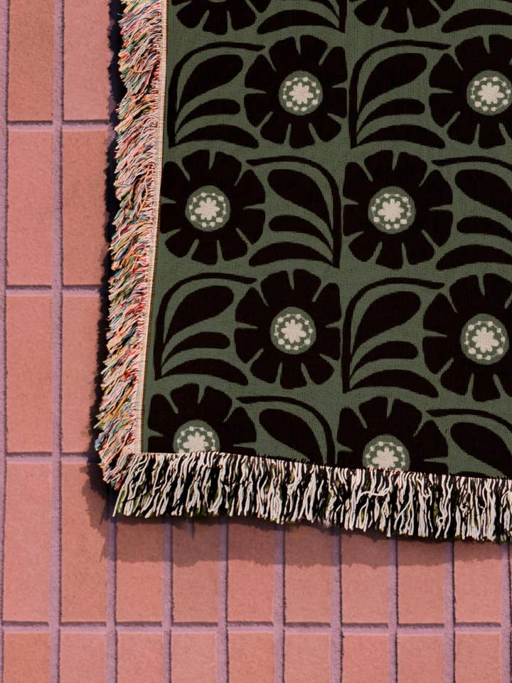 Green And Black Retro Flower Woven Cotton Throw Blankets for wholesale by TaylorBassam