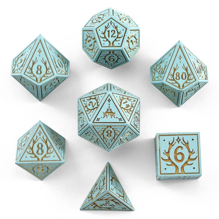 Solid Metal Druid RPG Dice Set - Pale Cyan w/Gold for wholesale by Hymgho Premium Dice