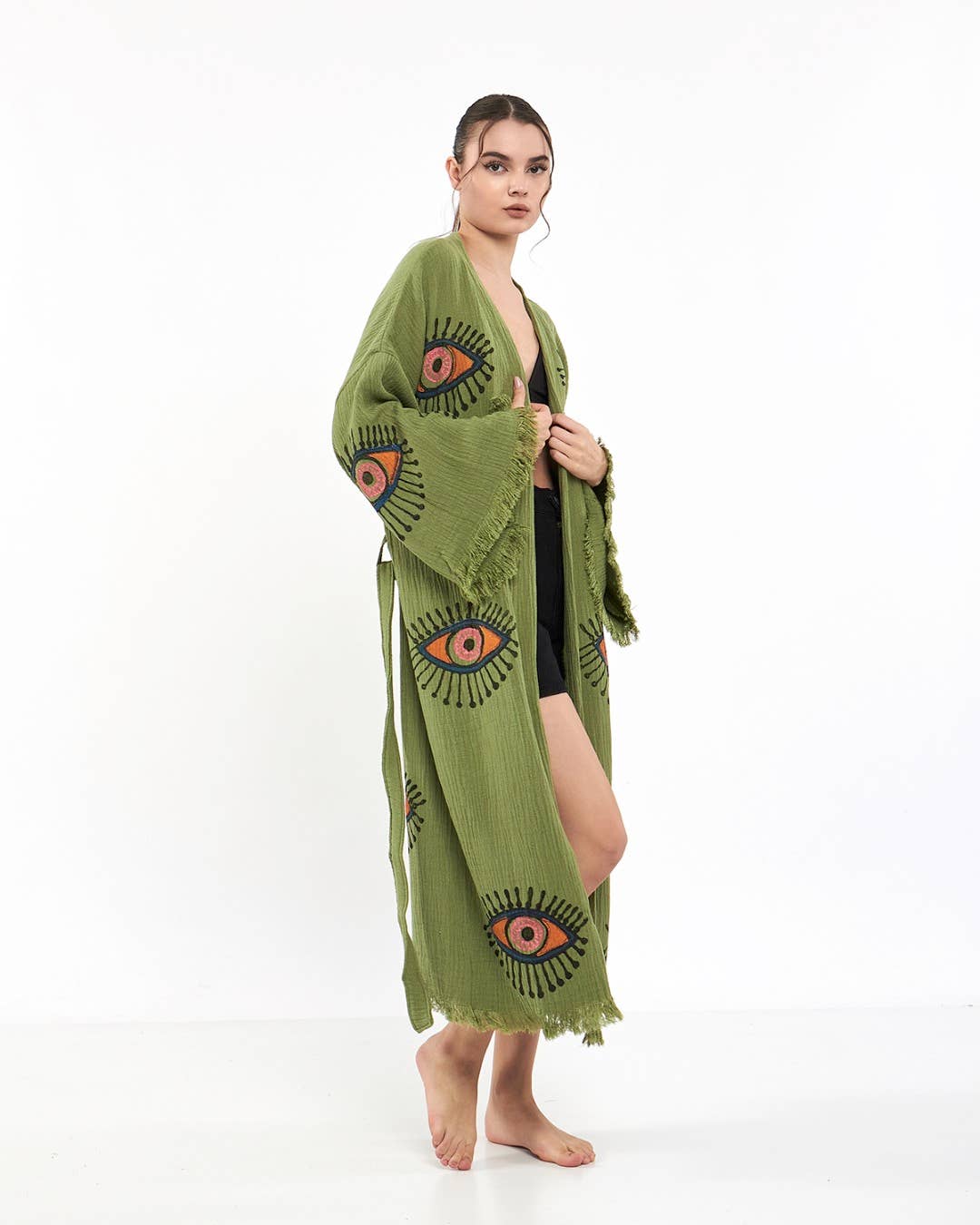 Yaz Concepts - Wholesale Kimono - Women's - Turkish Evil Eye Print Olive Green Robe Festival Kimono Gown4