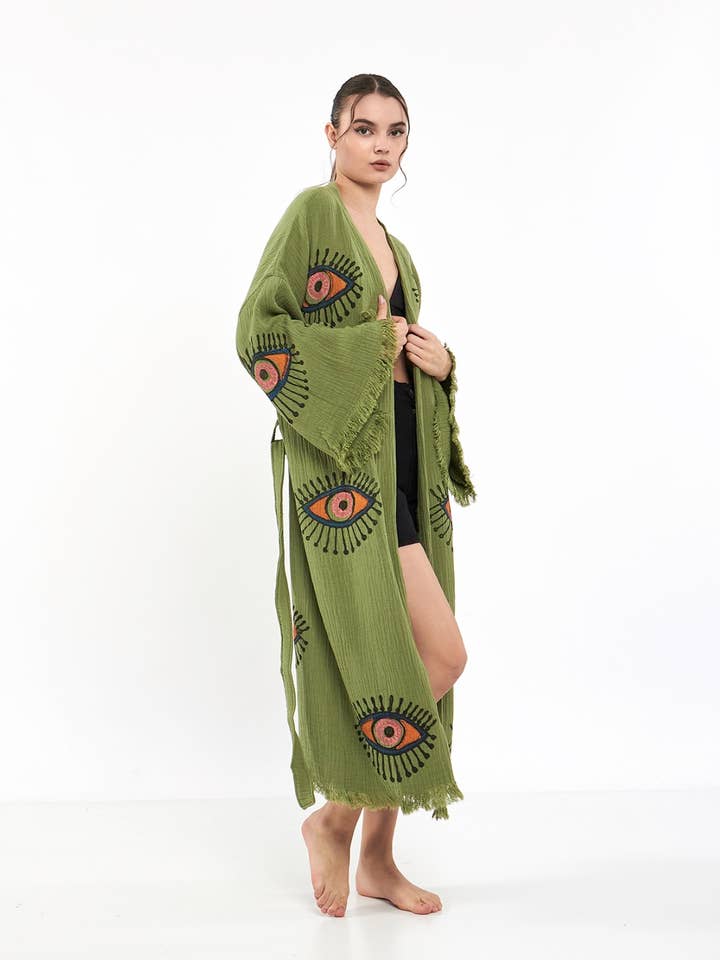 Yaz Concepts - Wholesale Kimono - Women's - Turkish Evil Eye Print Olive Green Robe Festival Kimono Gown4
