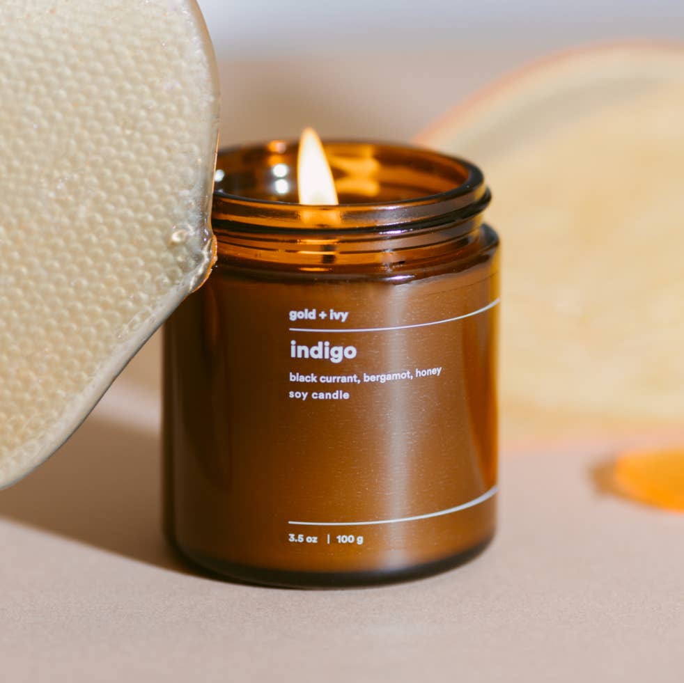 gold + ivy - Wholesale Jar/Filled Candle - indigo soy candle - black currant, bergamot, honey 6