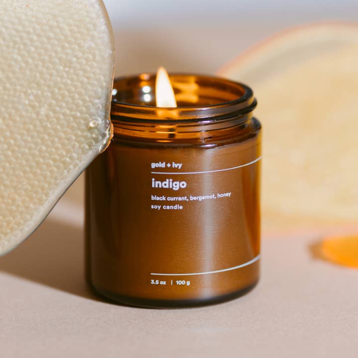 gold + ivy - Wholesale Jar/Filled Candle - indigo soy candle - black currant, bergamot, honey 6