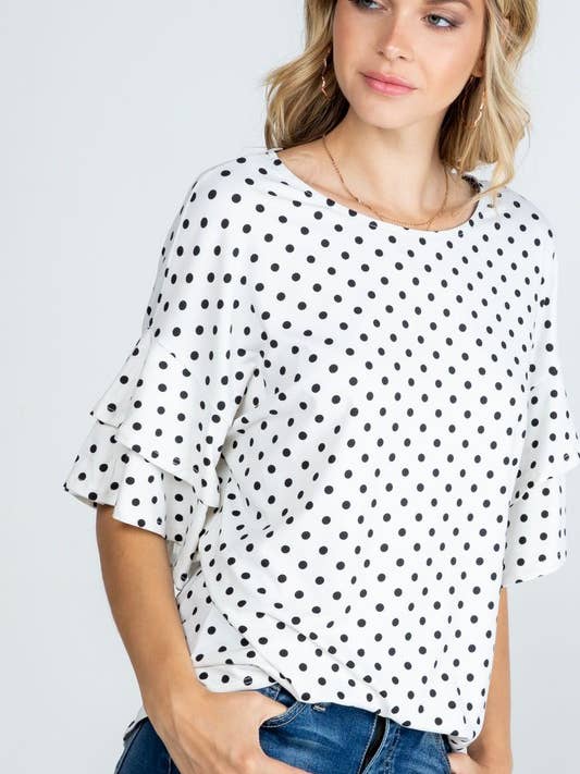 Top med flæserærmer med polka dot print #697 for engroshandel hos Rose Mellow Fashion