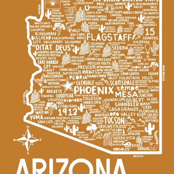 Mappa Arizona Arancione per la vendita all'ingrosso da parte di Whereabouts Shop
