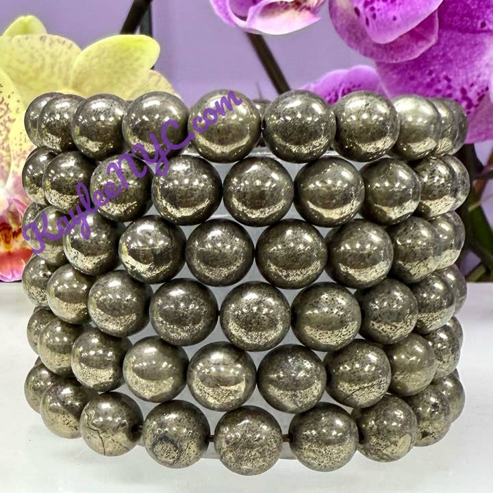 Pulseira Elástica de Cura com Cristais de Pirite Natural 10mm 8” por atacado de KayleeNYC