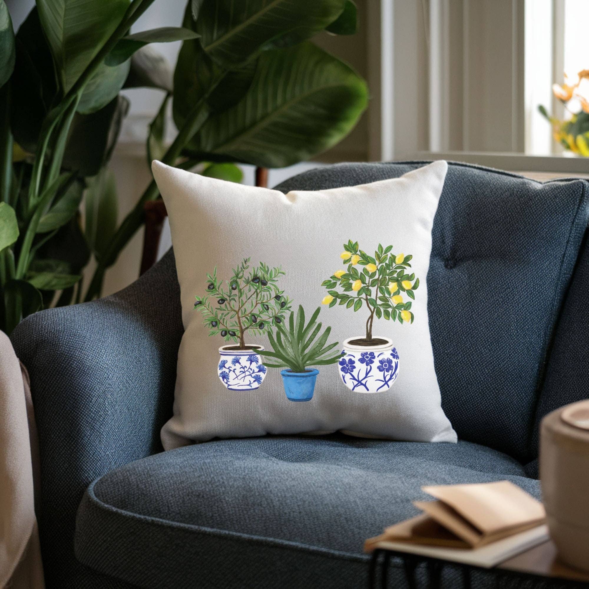 MerikaArt - Wholesale Throw/Decorative Pillow - Lemon Olive Aloe Pillow with Blue Pot Planters5
