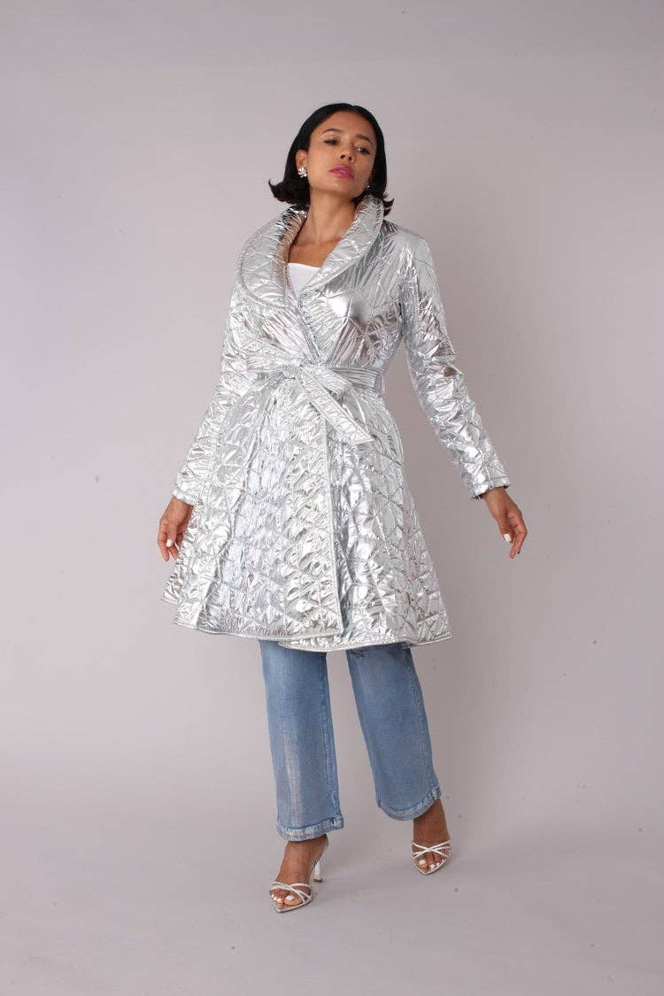 SILVER Metallic Quilted Wrap Coat - 82653 for wholesale on Faire2