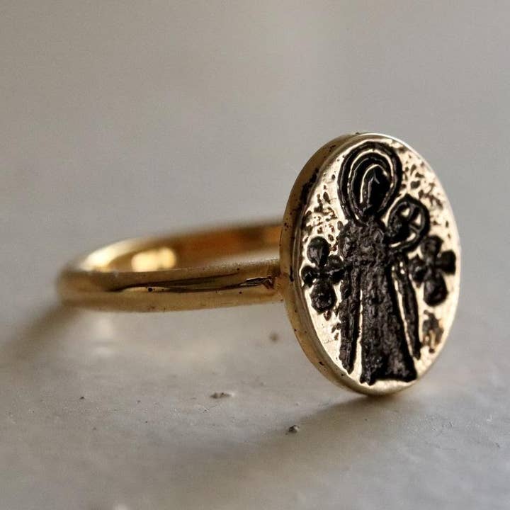 BoneNE, LLC - Vente Chevalières - Bague Byzantine Vierge à l'Enfant - Plaqué Or